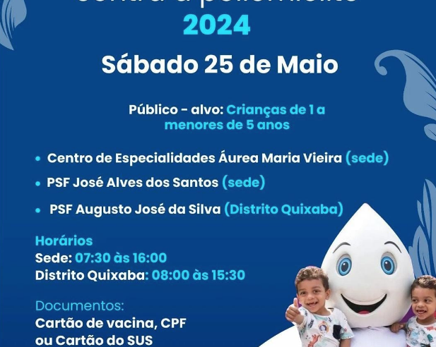 Neste sábdo, dia 25, a Prefeitura Municipal de Glória-BA,informa que será realizado o Dia D de Vacinação contra a Poliomielite.